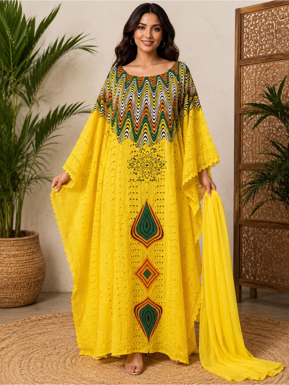 Yellow Embroidered Caftan Maxi Dress